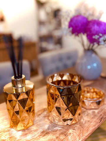 Gold Diamond cut Modern Candle & Diffuser Set