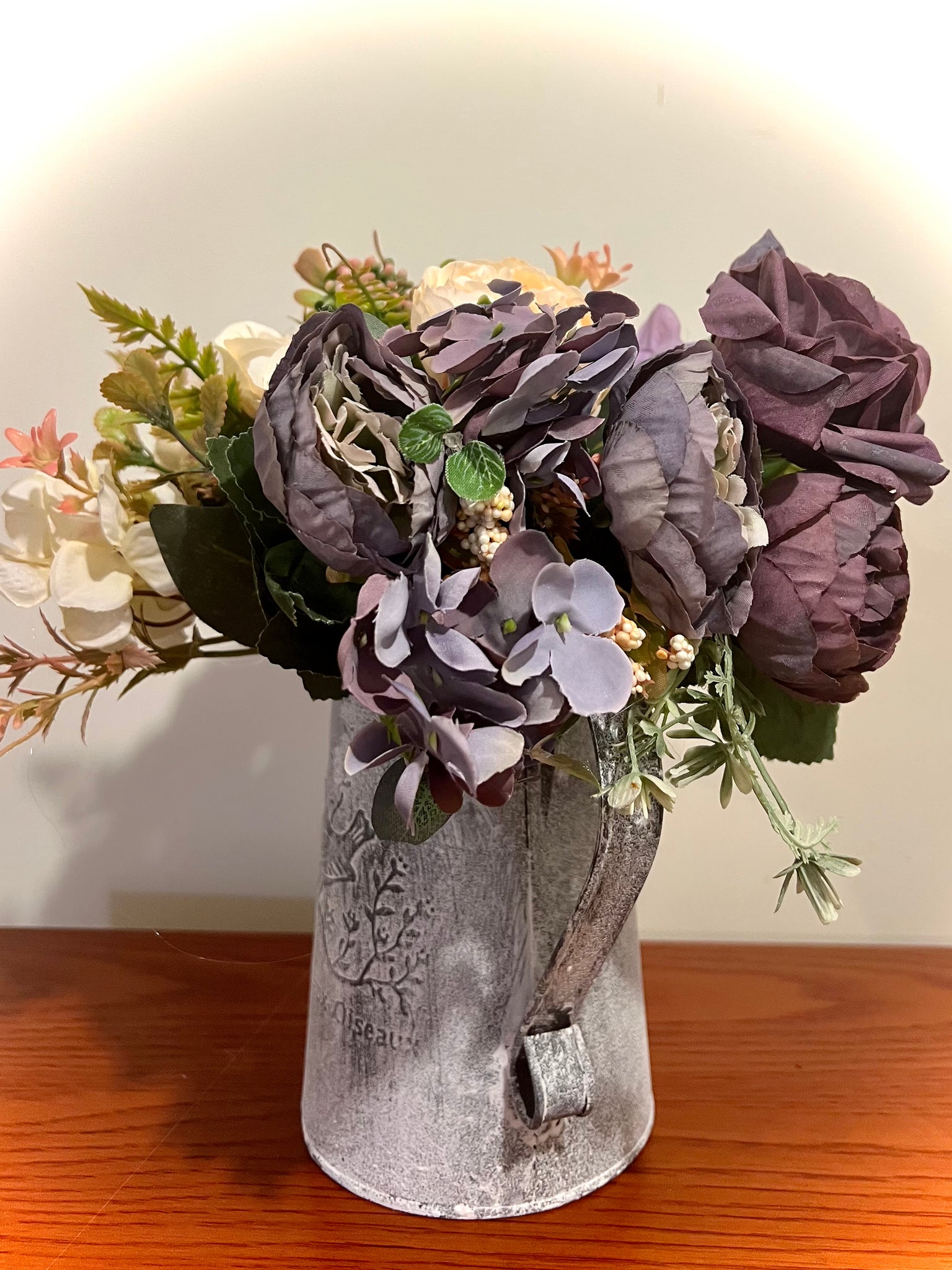 Shabby Chic country jug purple flower arrangement